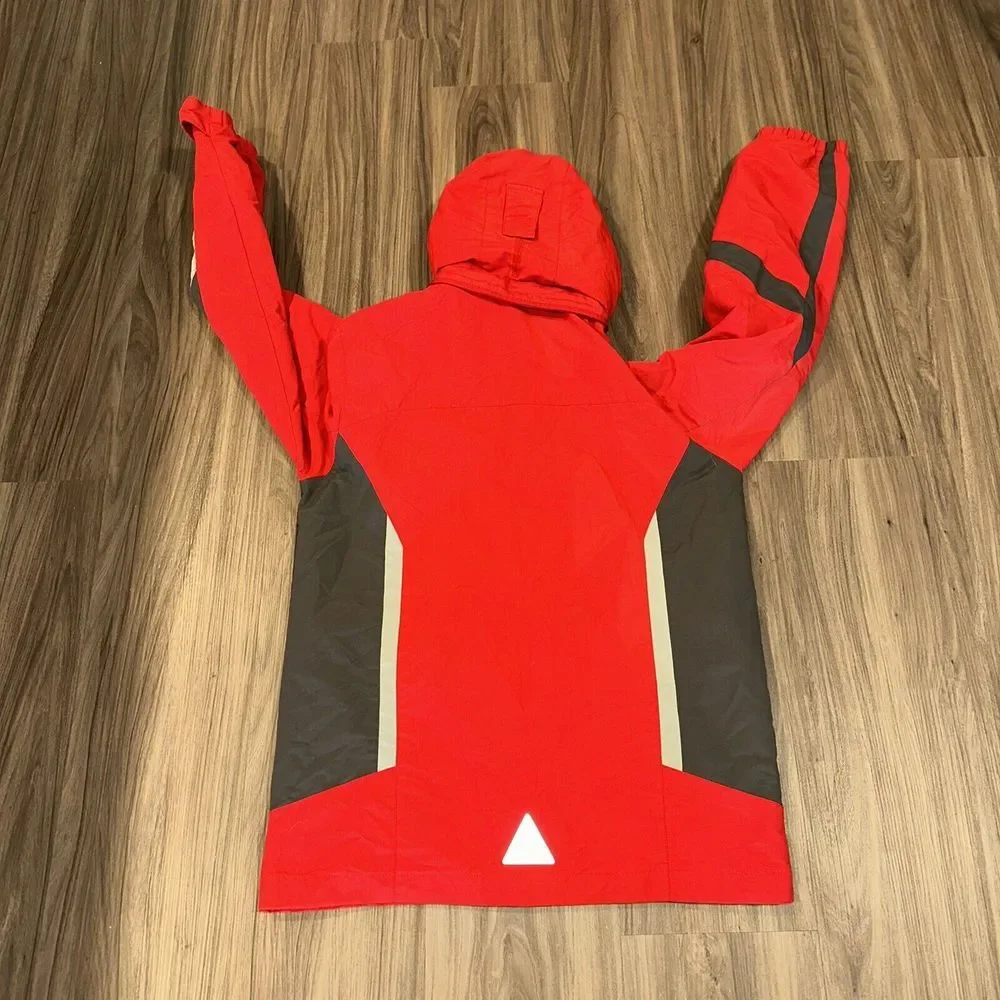 LL Bean Jacket Youth M10-12 Red‎ Gray Hooded Waterproof Shell  Item 277662